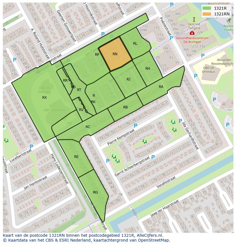 Afbeelding van het postcodegebied 1321 RN op de kaart.