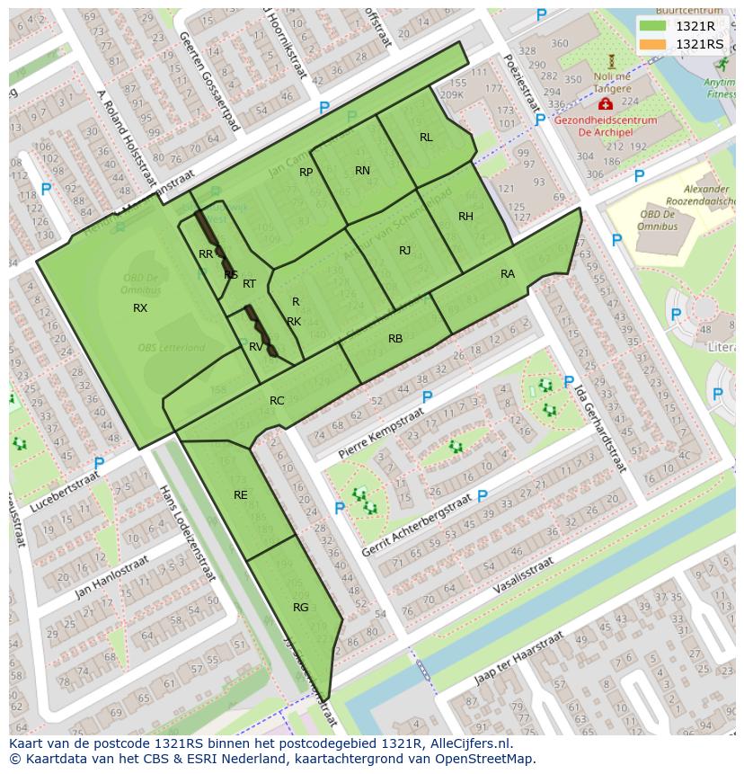Afbeelding van het postcodegebied 1321 RS op de kaart.