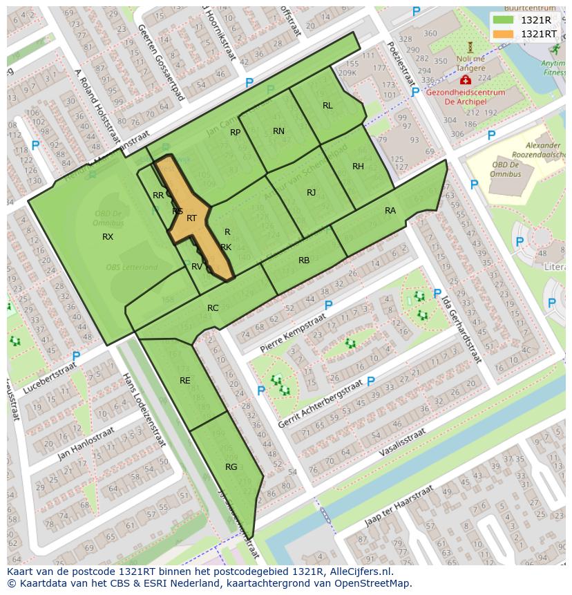 Afbeelding van het postcodegebied 1321 RT op de kaart.