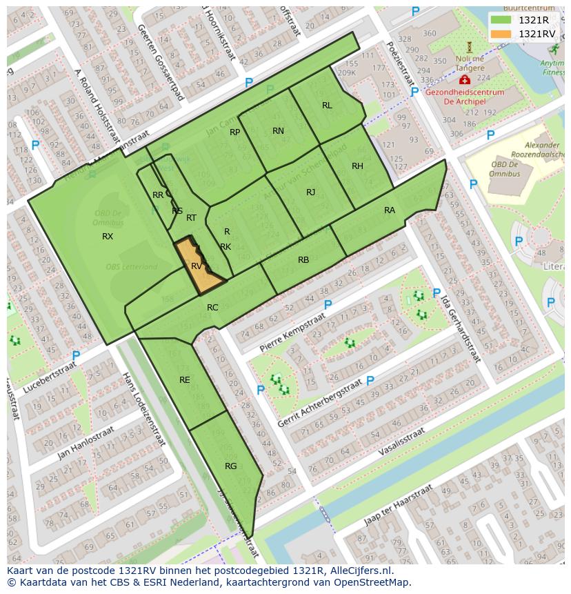 Afbeelding van het postcodegebied 1321 RV op de kaart.