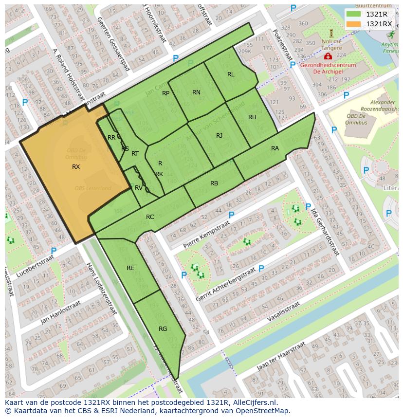Afbeelding van het postcodegebied 1321 RX op de kaart.