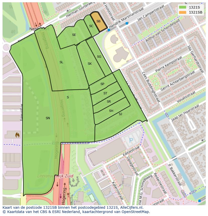 Afbeelding van het postcodegebied 1321 SB op de kaart.