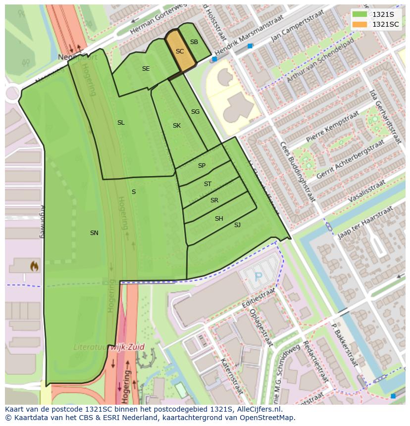 Afbeelding van het postcodegebied 1321 SC op de kaart.