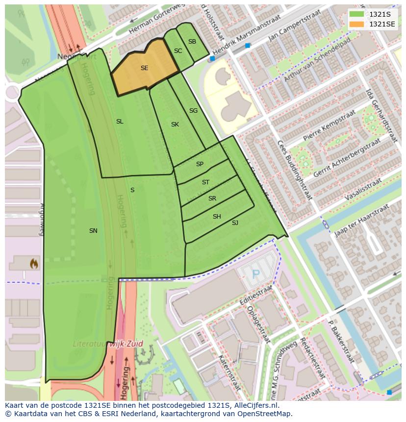 Afbeelding van het postcodegebied 1321 SE op de kaart.