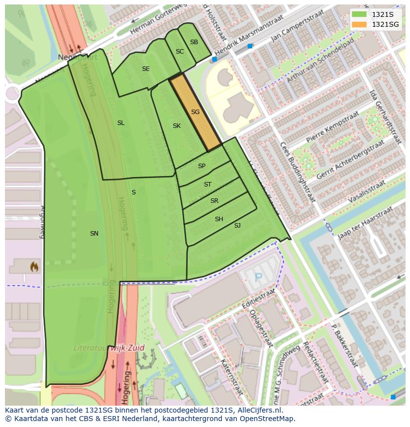 Afbeelding van het postcodegebied 1321 SG op de kaart.