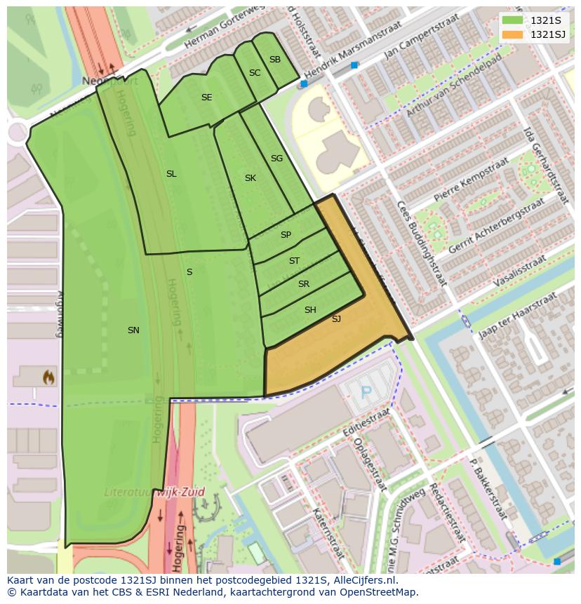Afbeelding van het postcodegebied 1321 SJ op de kaart.