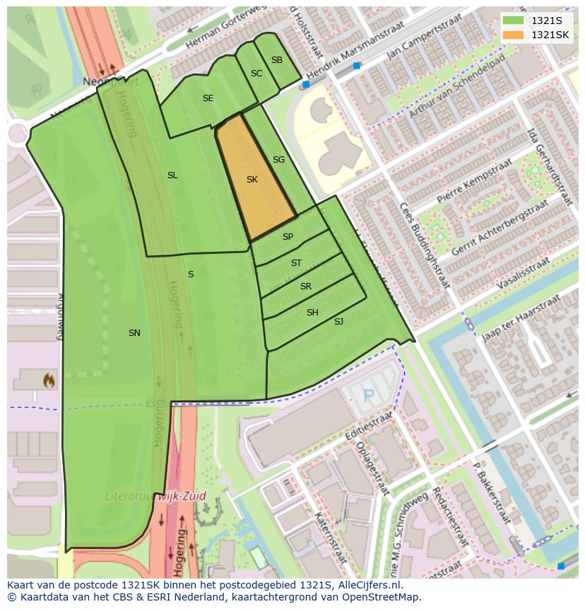 Afbeelding van het postcodegebied 1321 SK op de kaart.