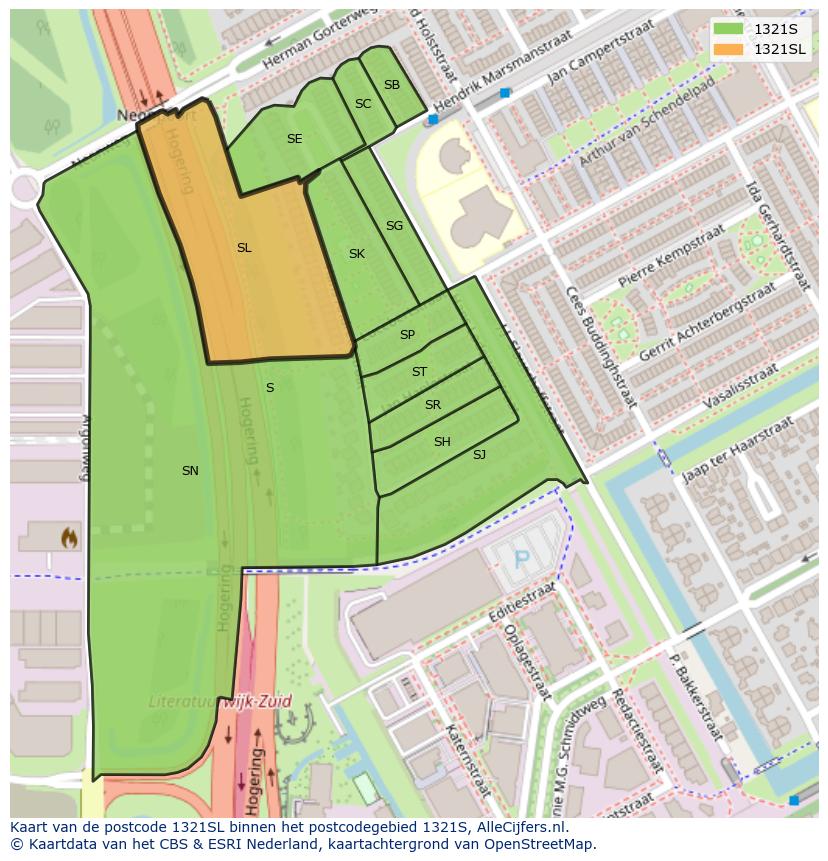 Afbeelding van het postcodegebied 1321 SL op de kaart.