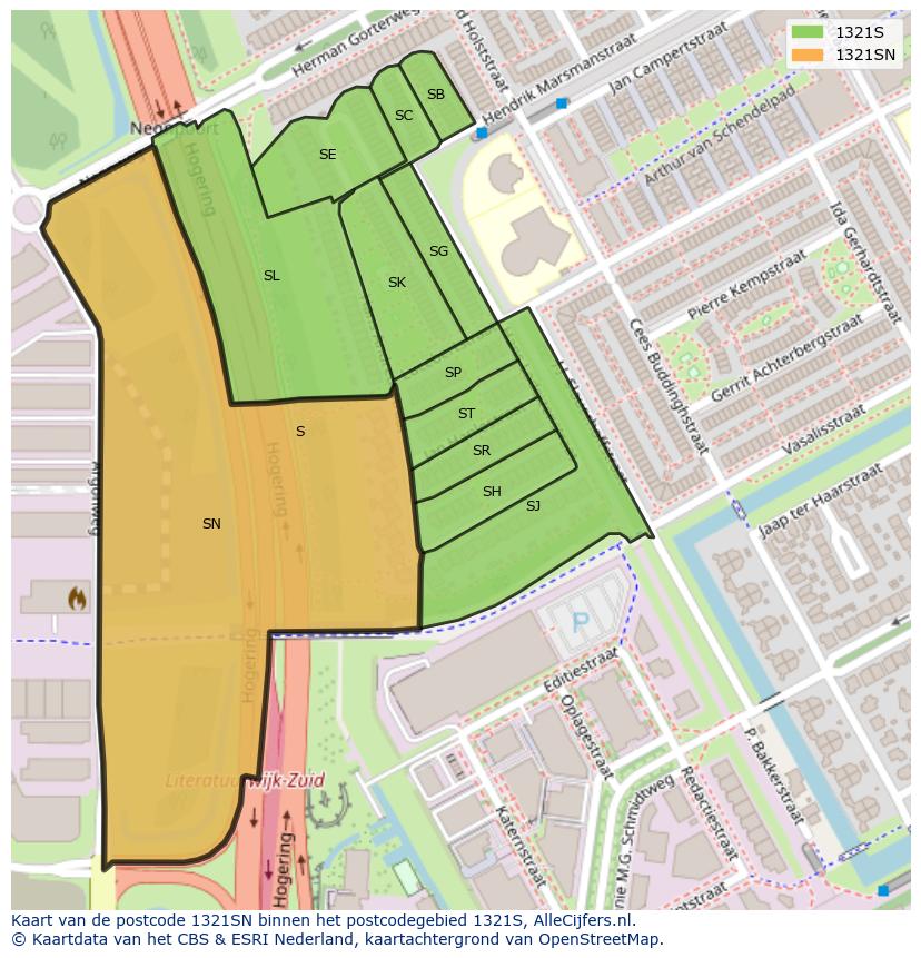 Afbeelding van het postcodegebied 1321 SN op de kaart.