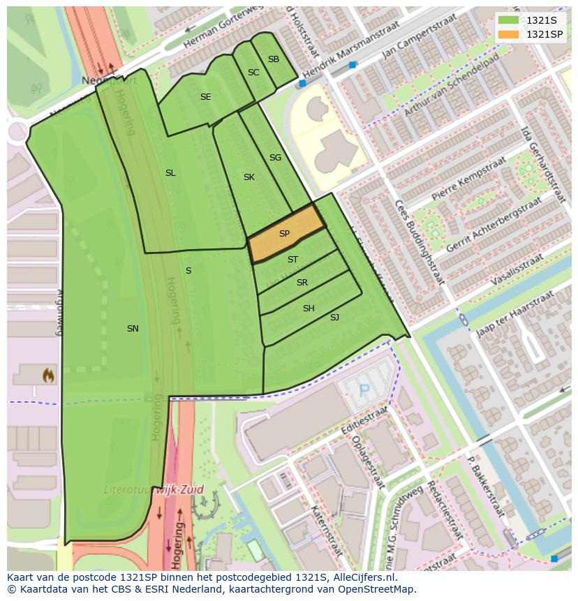 Afbeelding van het postcodegebied 1321 SP op de kaart.