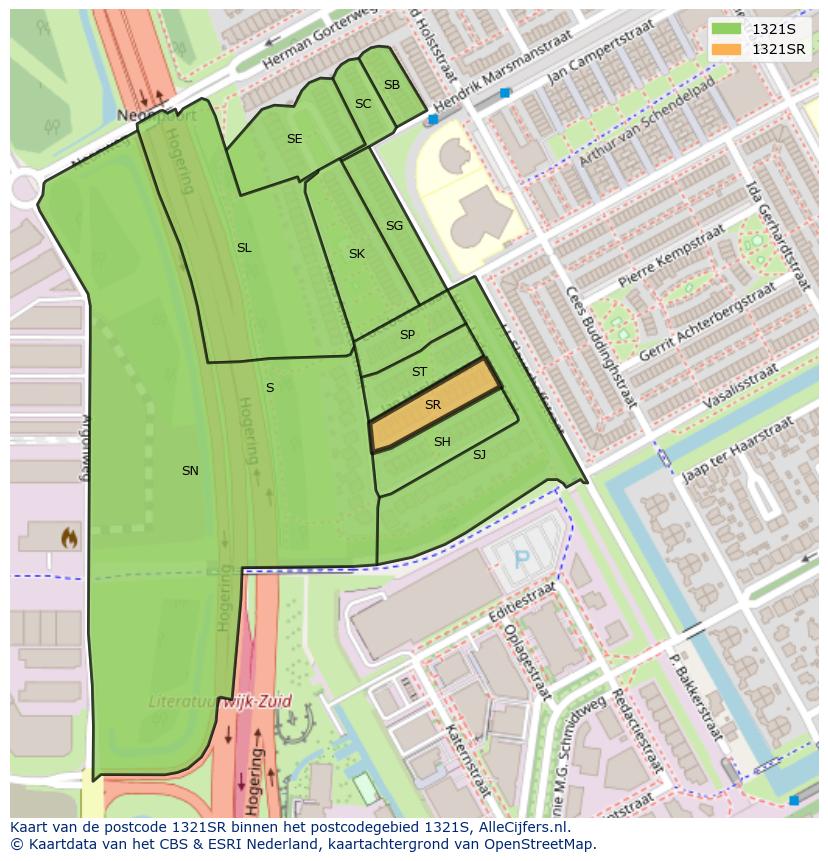 Afbeelding van het postcodegebied 1321 SR op de kaart.