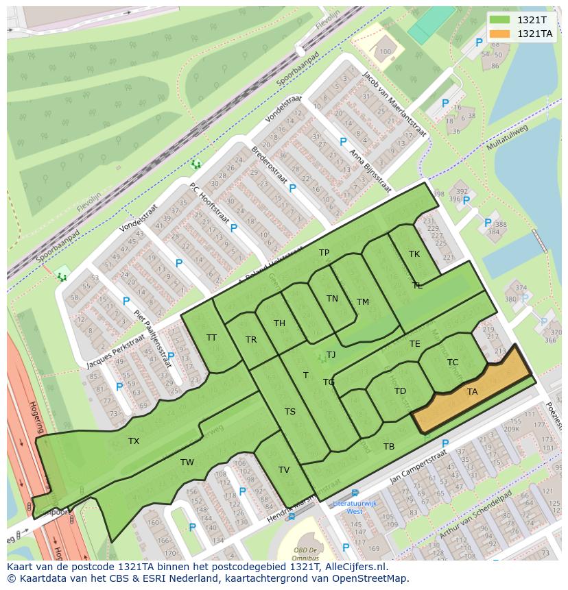 Afbeelding van het postcodegebied 1321 TA op de kaart.