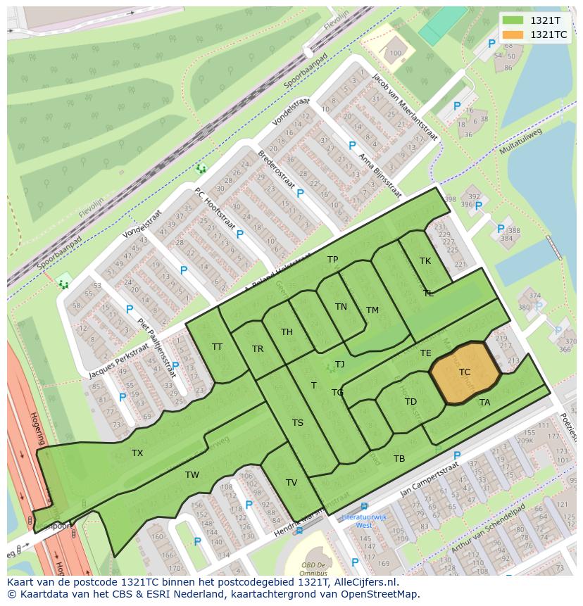 Afbeelding van het postcodegebied 1321 TC op de kaart.