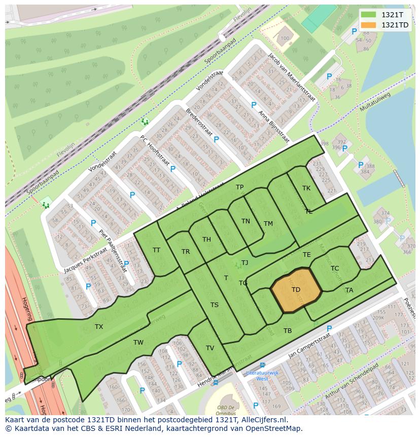 Afbeelding van het postcodegebied 1321 TD op de kaart.
