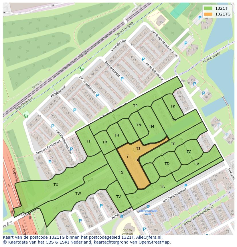 Afbeelding van het postcodegebied 1321 TG op de kaart.