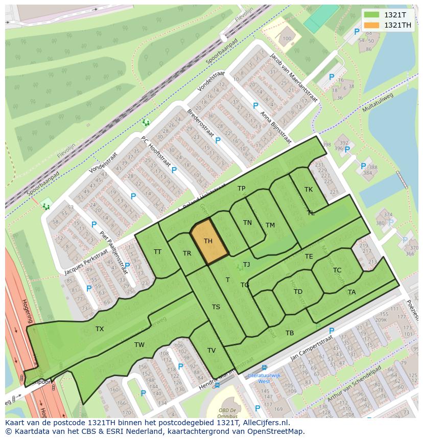 Afbeelding van het postcodegebied 1321 TH op de kaart.