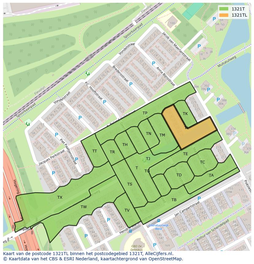 Afbeelding van het postcodegebied 1321 TL op de kaart.