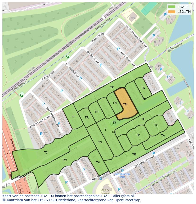 Afbeelding van het postcodegebied 1321 TM op de kaart.