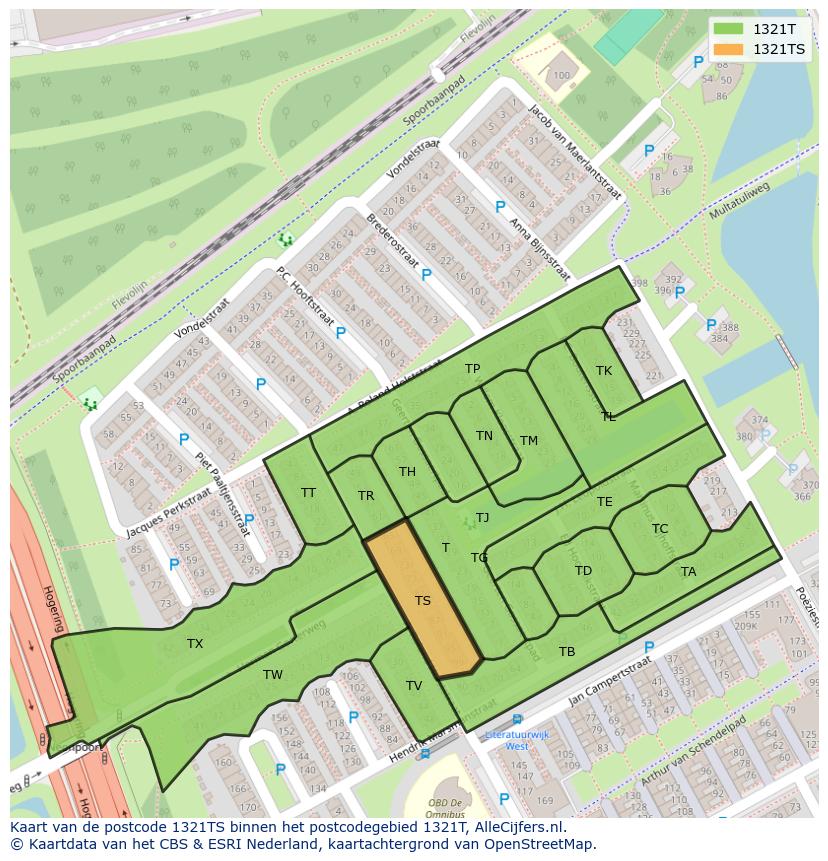 Afbeelding van het postcodegebied 1321 TS op de kaart.