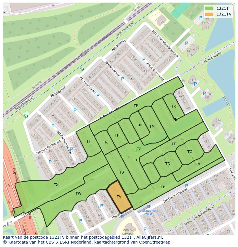 Afbeelding van het postcodegebied 1321 TV op de kaart.