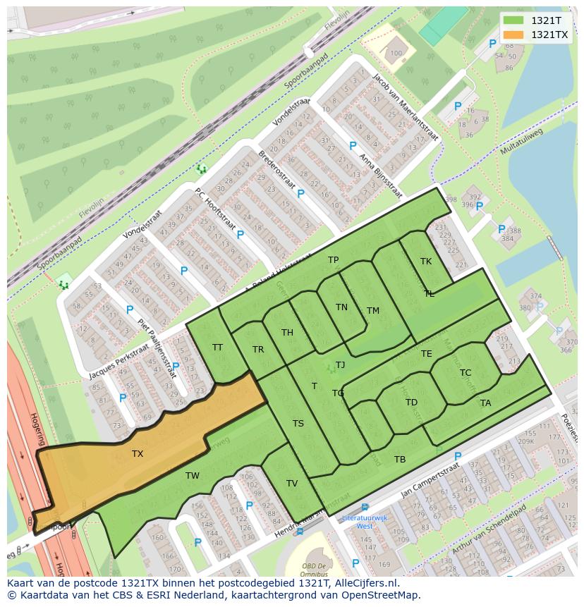 Afbeelding van het postcodegebied 1321 TX op de kaart.