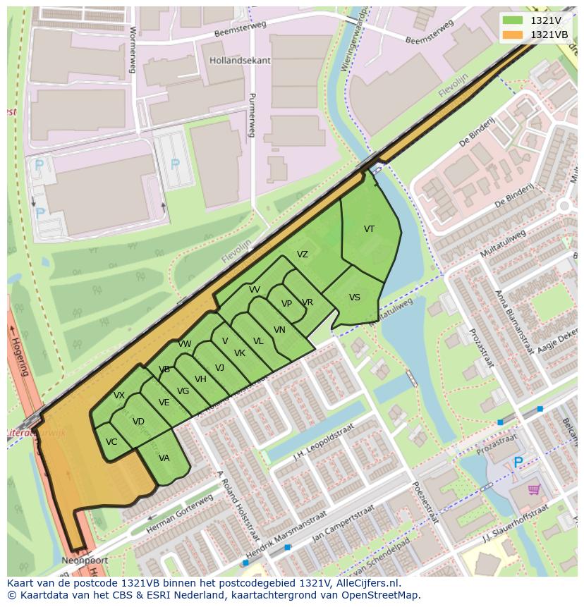 Afbeelding van het postcodegebied 1321 VB op de kaart.