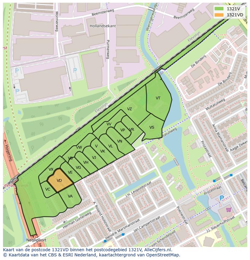 Afbeelding van het postcodegebied 1321 VD op de kaart.