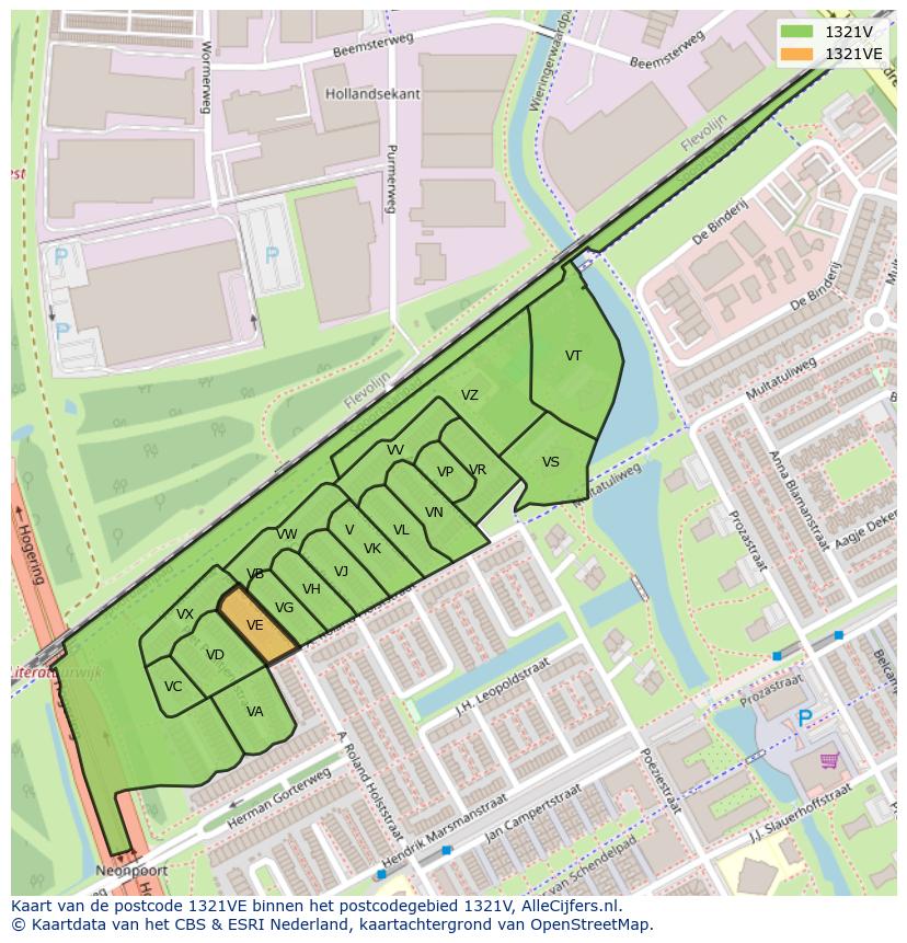Afbeelding van het postcodegebied 1321 VE op de kaart.