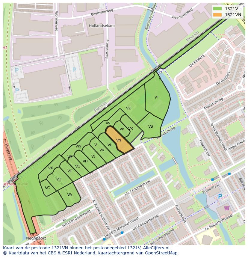 Afbeelding van het postcodegebied 1321 VN op de kaart.