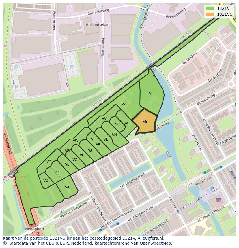 Afbeelding van het postcodegebied 1321 VS op de kaart.