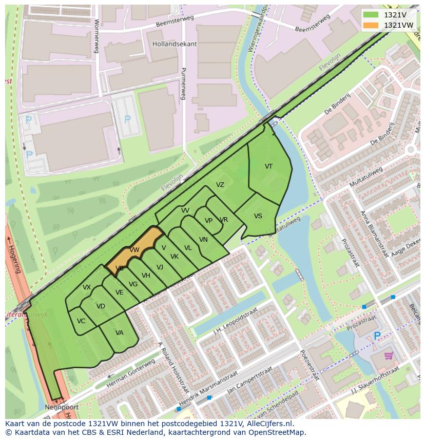 Afbeelding van het postcodegebied 1321 VW op de kaart.