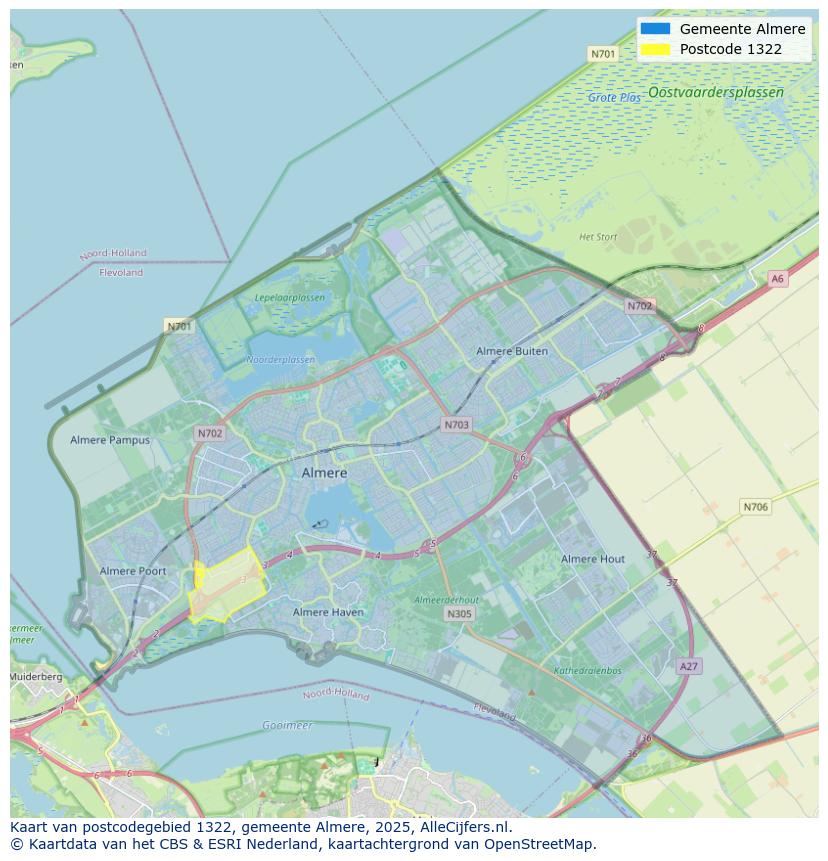 Afbeelding van het postcodegebied 1322 op de kaart.