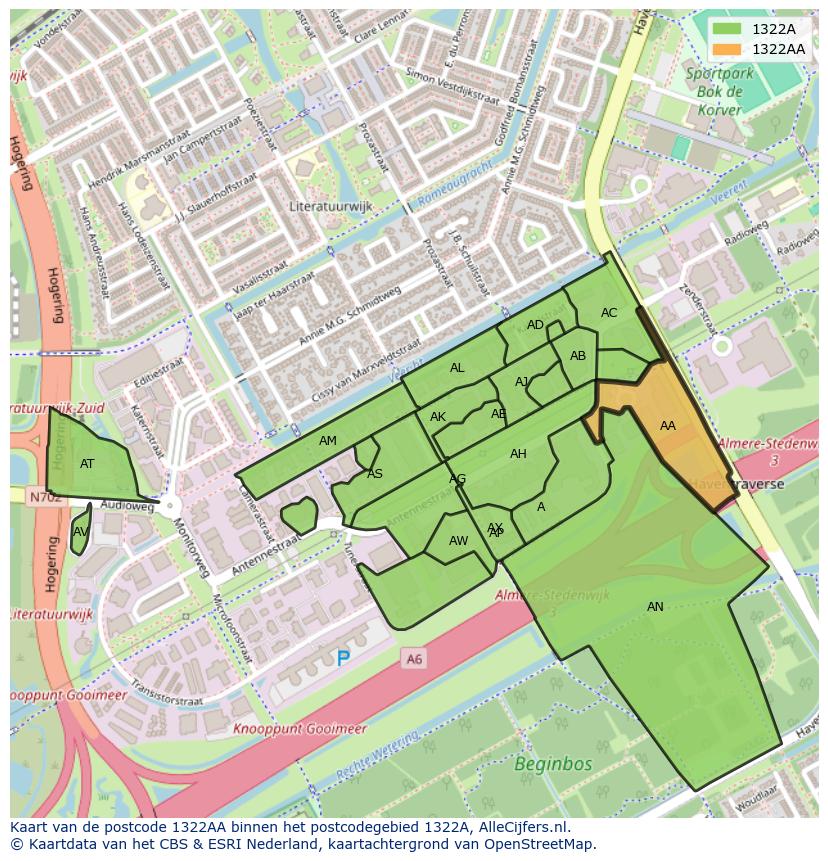 Afbeelding van het postcodegebied 1322 AA op de kaart.
