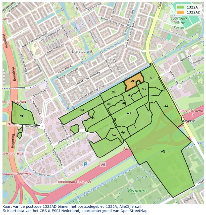 Afbeelding van het postcodegebied 1322 AD op de kaart.