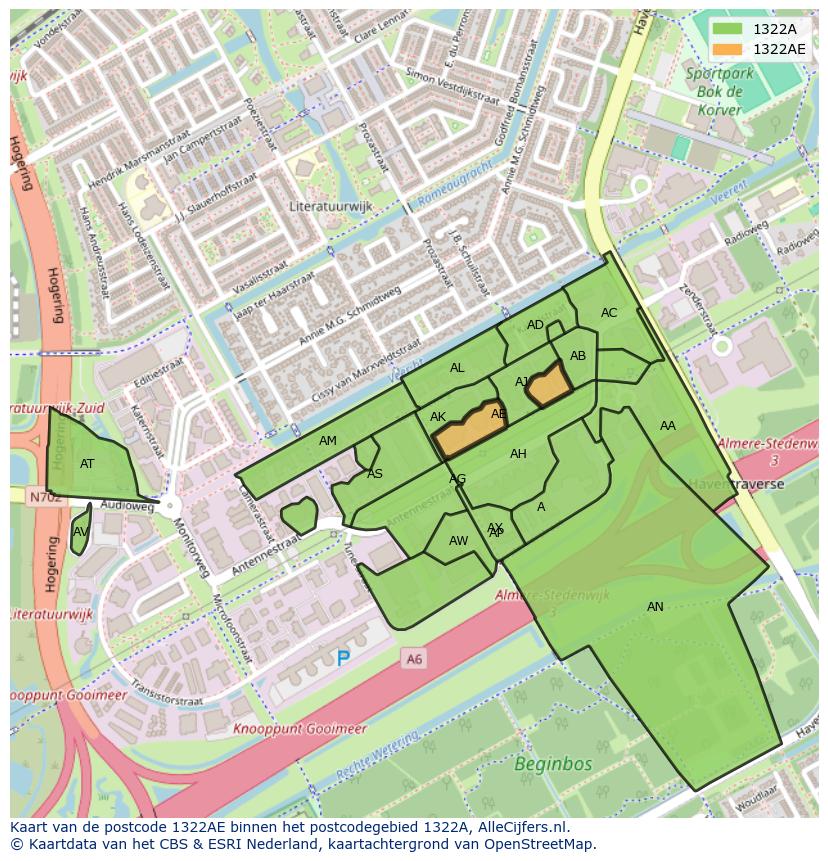 Afbeelding van het postcodegebied 1322 AE op de kaart.
