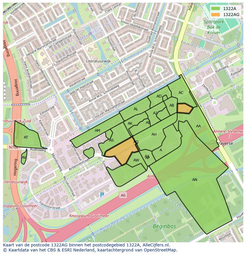 Afbeelding van het postcodegebied 1322 AG op de kaart.