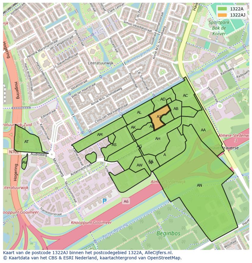 Afbeelding van het postcodegebied 1322 AJ op de kaart.