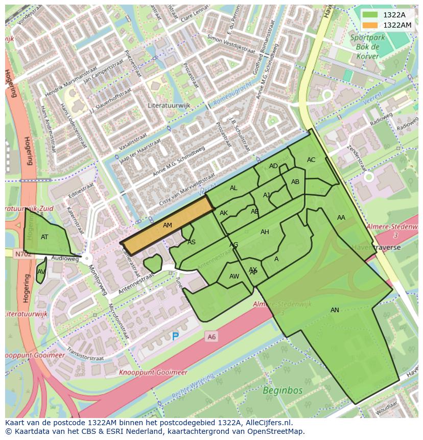 Afbeelding van het postcodegebied 1322 AM op de kaart.