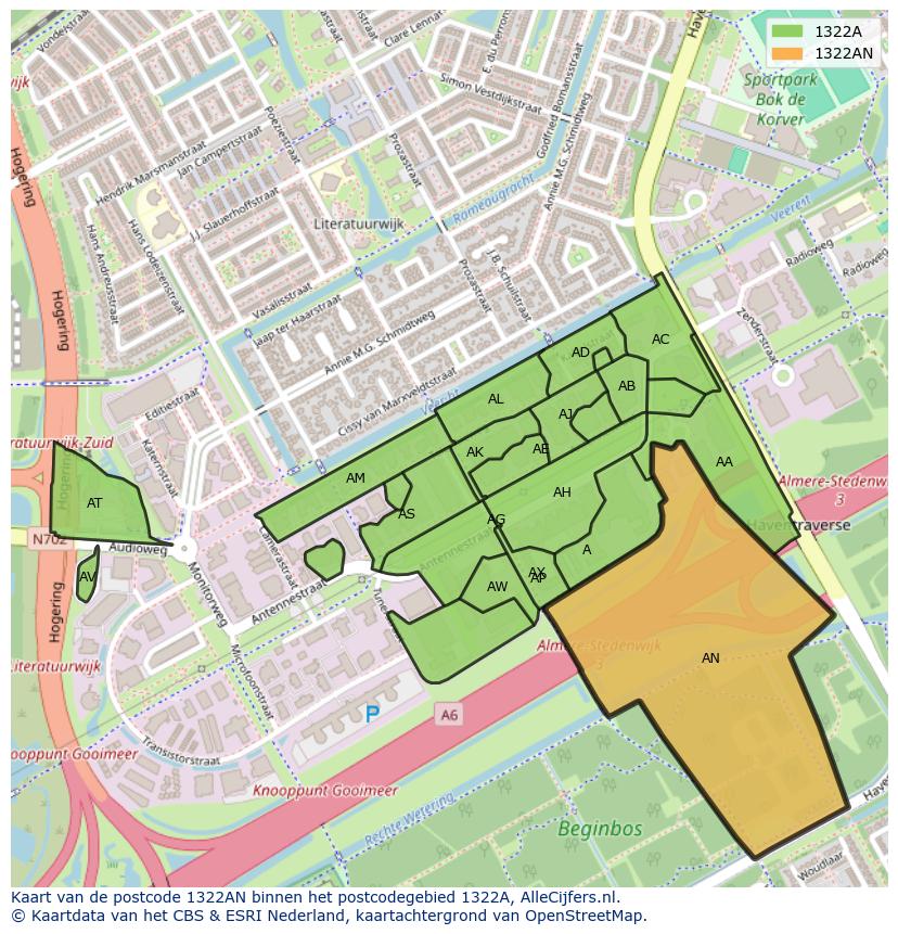 Afbeelding van het postcodegebied 1322 AN op de kaart.