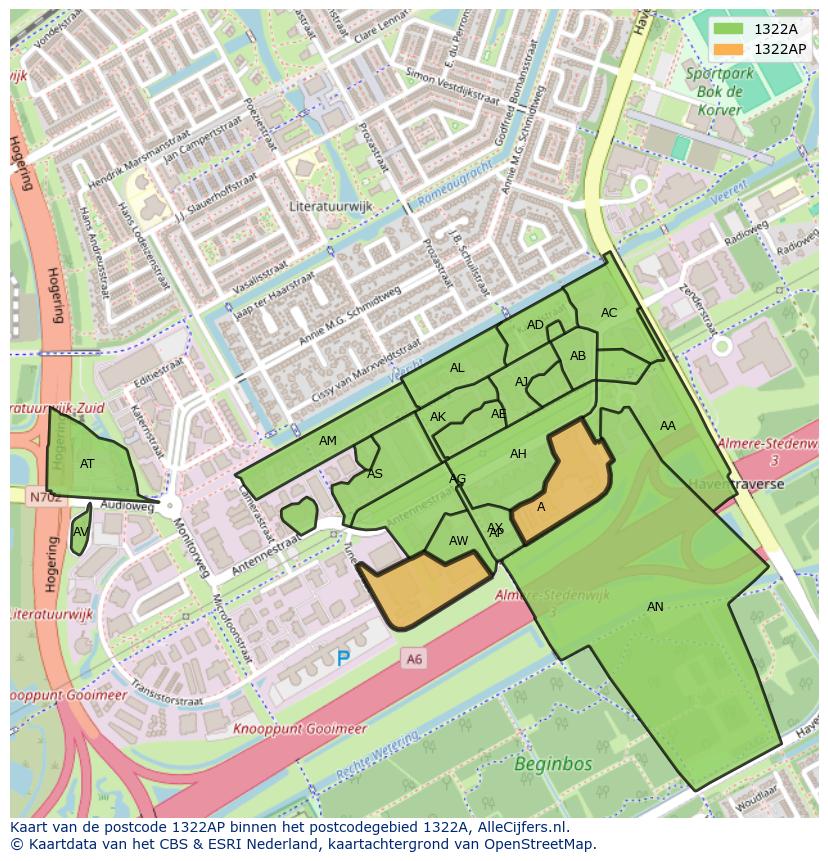 Afbeelding van het postcodegebied 1322 AP op de kaart.