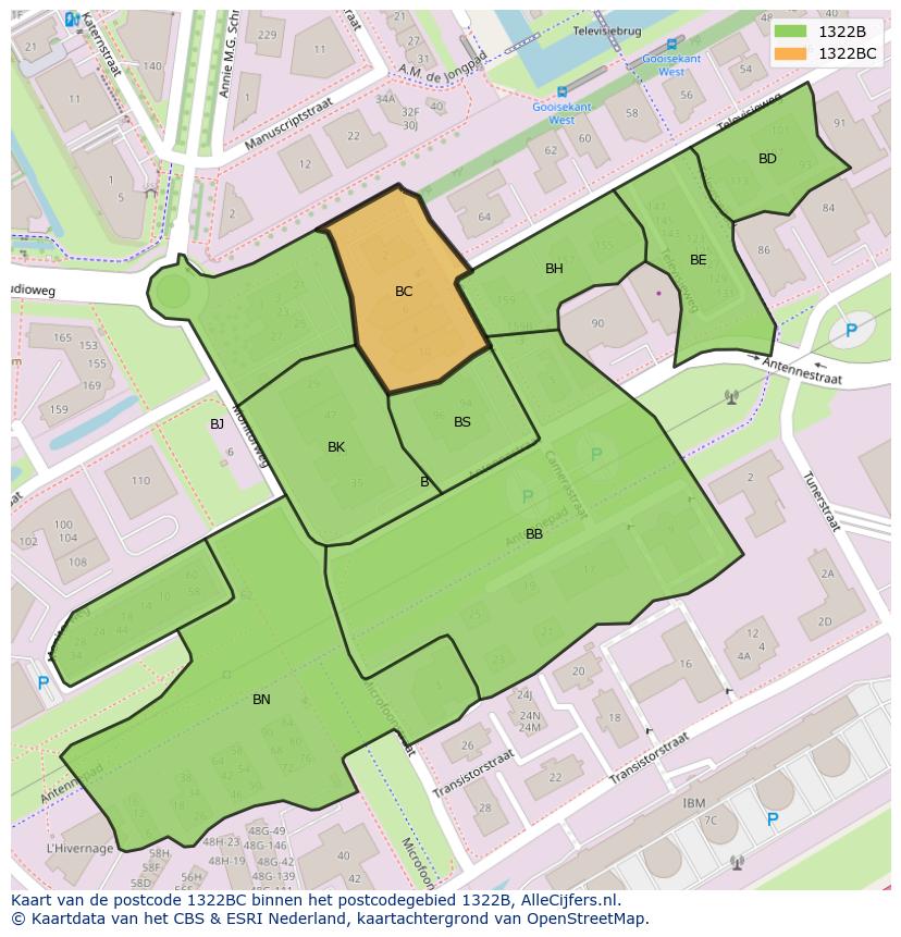 Afbeelding van het postcodegebied 1322 BC op de kaart.