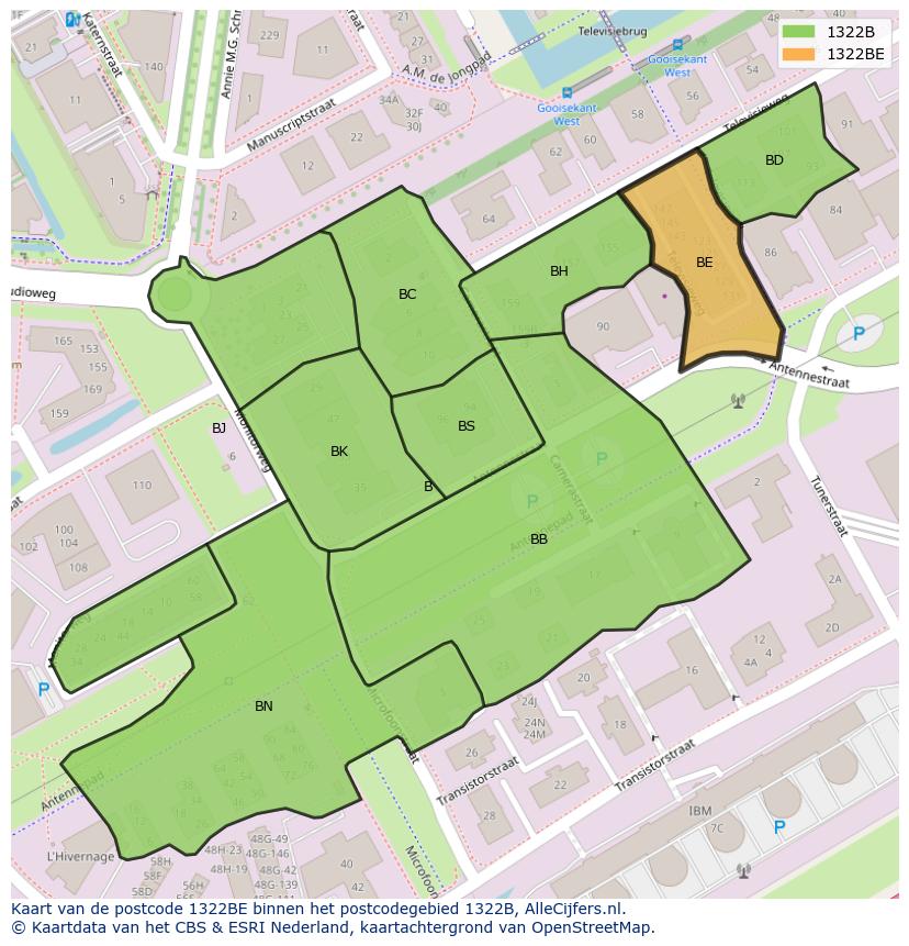 Afbeelding van het postcodegebied 1322 BE op de kaart.