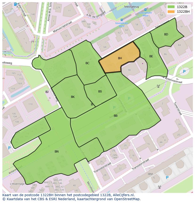 Afbeelding van het postcodegebied 1322 BH op de kaart.