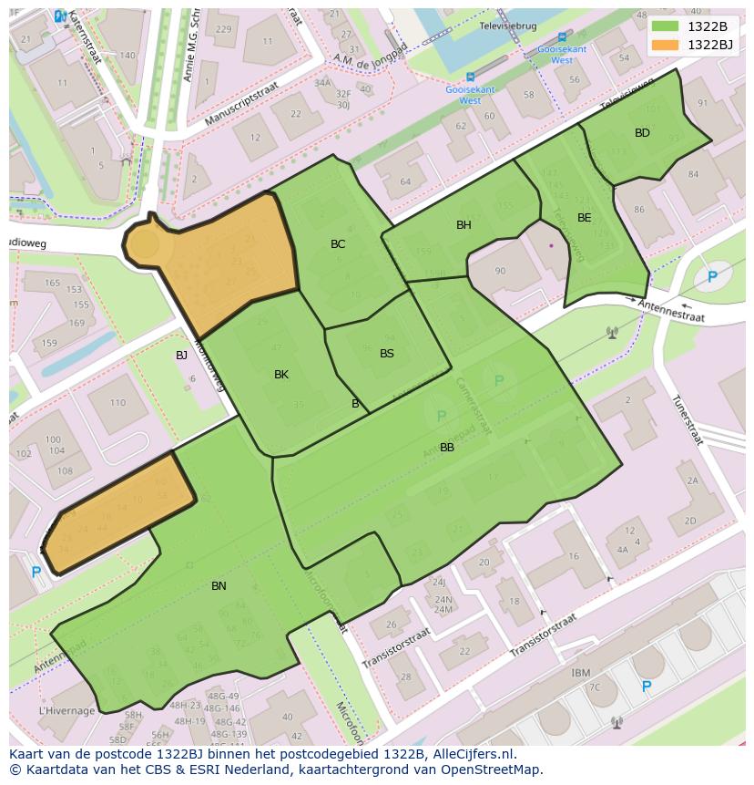 Afbeelding van het postcodegebied 1322 BJ op de kaart.