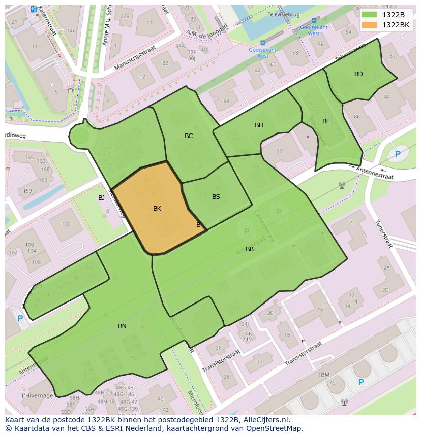 Afbeelding van het postcodegebied 1322 BK op de kaart.