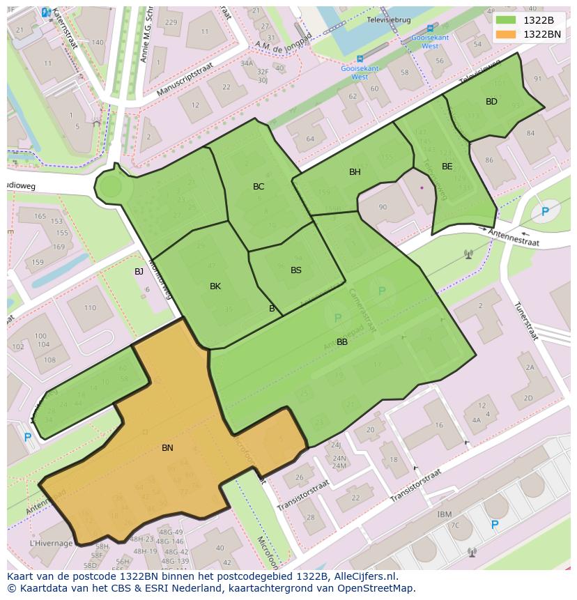 Afbeelding van het postcodegebied 1322 BN op de kaart.