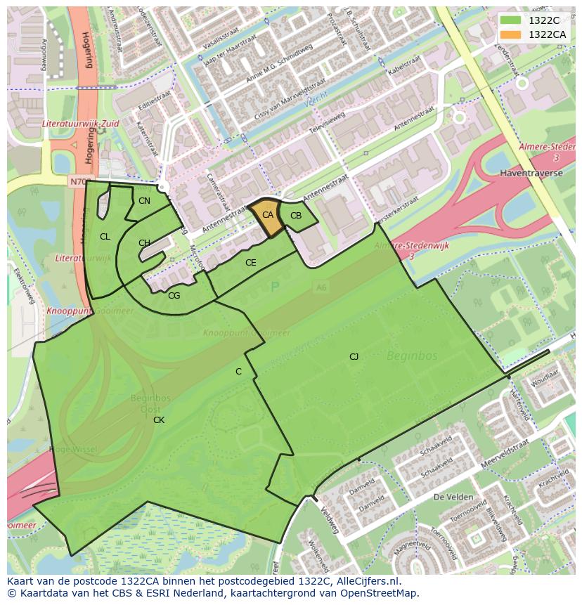 Afbeelding van het postcodegebied 1322 CA op de kaart.