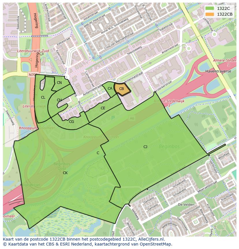 Afbeelding van het postcodegebied 1322 CB op de kaart.