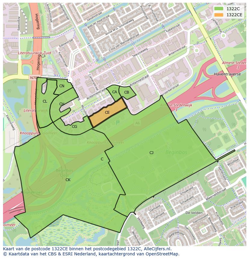 Afbeelding van het postcodegebied 1322 CE op de kaart.