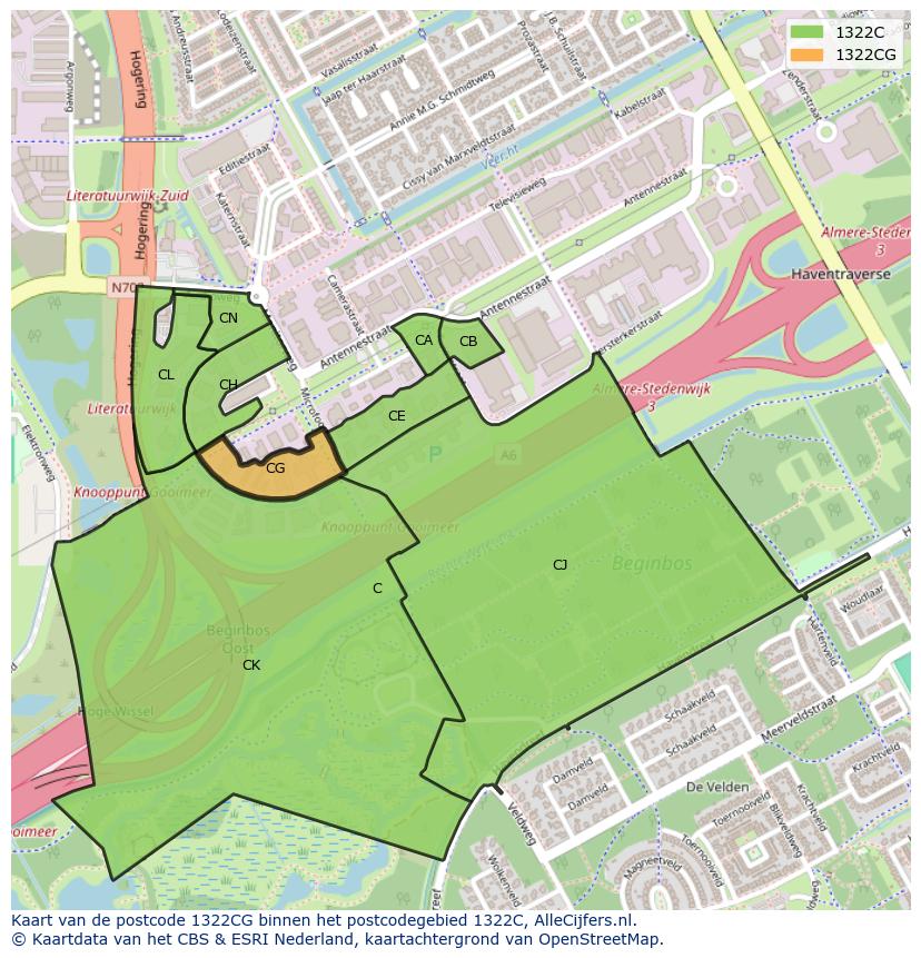 Afbeelding van het postcodegebied 1322 CG op de kaart.